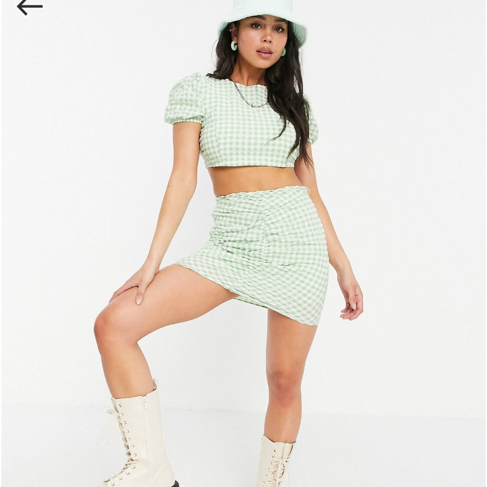 Bershka cropped blouse with lace up back in green gingham - M